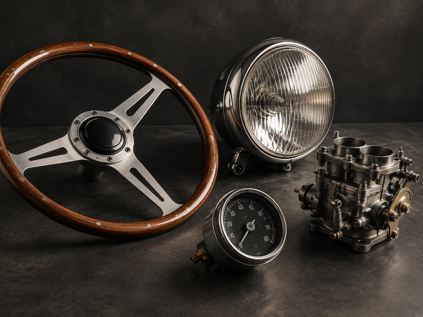 Zorgvuldig gepresenteerde klassieke auto-onderdelen